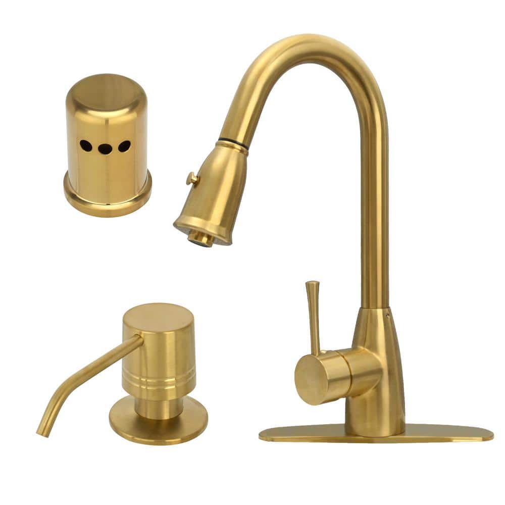 Akicon One-Handle Brushed Gold Pull Down Kitchen Faucet with Deck Plate  Soap Dispenser and Air Gap Cap AK96455BTG-S2DA - The Home Depot