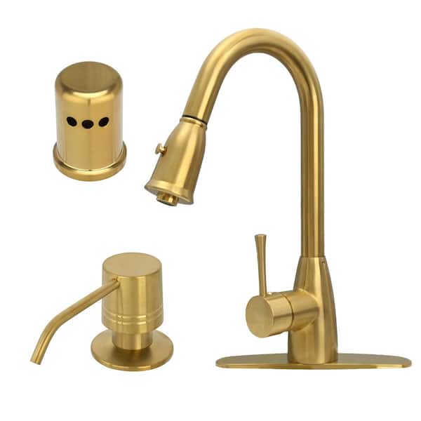 Akicon One-Handle Brushed Gold Pull Down Kitchen Faucet with Deck Plate Soap Dispenser and Air Gap Cap
