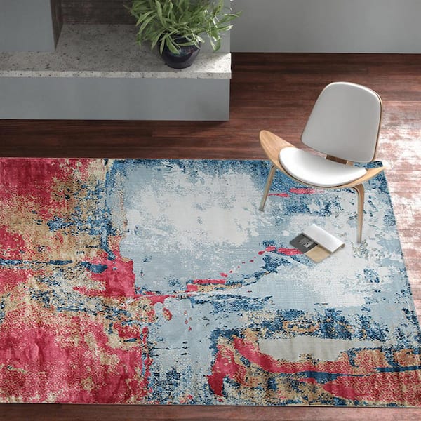 EORC Ivory / Red 7.10 ft. x 9.10 ft. Hand-Knotted Wool Modern Hand Crafted Rug Area Rug