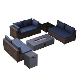 8-Pieces Wicker Outdoor Patio Furniture Set with 56 in. Dark Gray Iron Propane Fire Pit, with Navy Blue Cushions