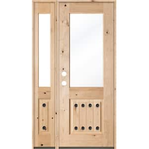 46 in. x 96 in. Mediterranean Knotty Alder Half Lt Unfinished Right-Hand Inswing Prehung Front Door with Left Sidelite