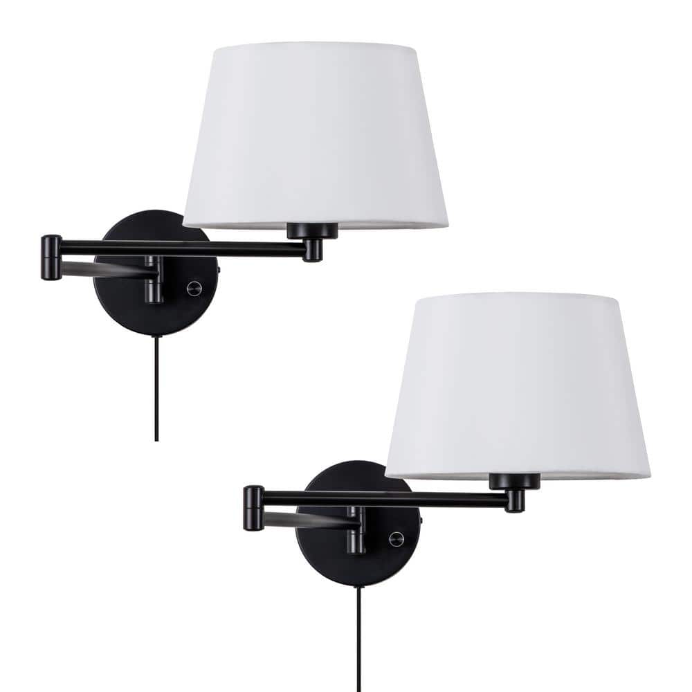 Black Swing Arm Wall Light with White Linen Shade, 2-Pack