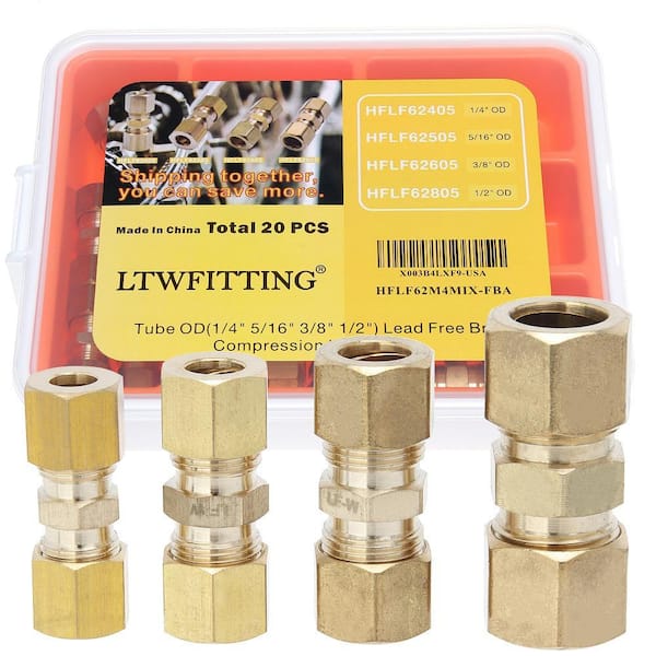 Assortment Kit Tube OD 1/4" 5/16" 3/8" 1/2" Lead Free Brass Compression Union Set (20-Pack)