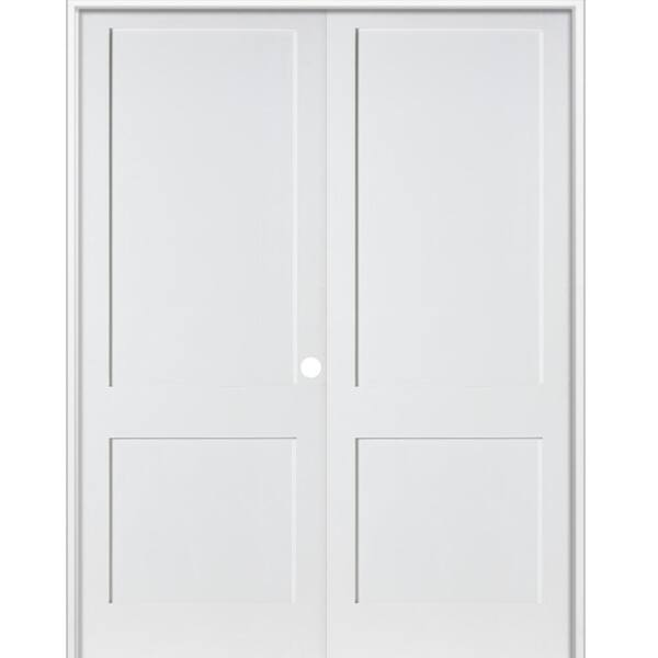 Krosswood Doors 56 in. x 96 in. Craftsman Shaker 2-Panel Left Handed MDF Solid Core Primed Wood Double Prehung Interior French Door