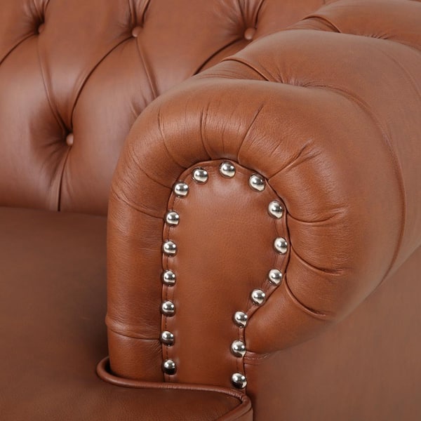 Vintage Compact Brown Leather Sofa Studded Arms Velcro Bottom
