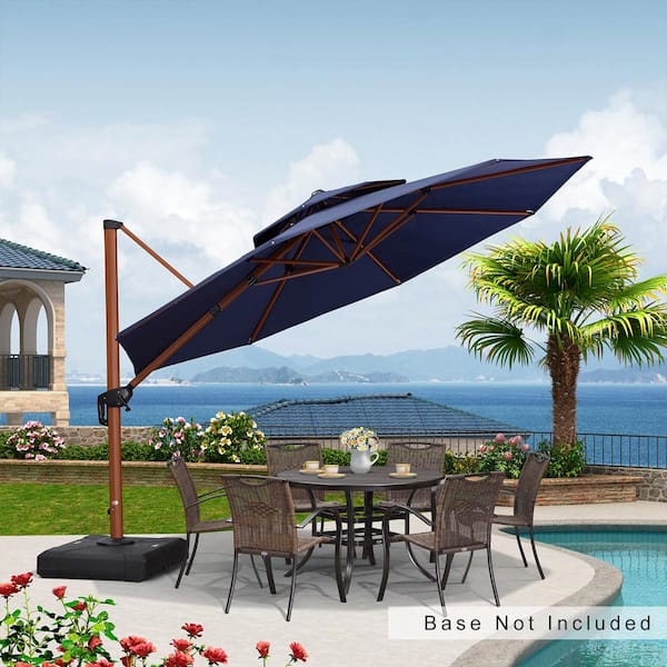 PURPLE LEAF 12 ft. Octagon All-aluminum 360° Rotation Wood pattern Cantilever Offset Outdoor Patio Umbrella in Navy Blue