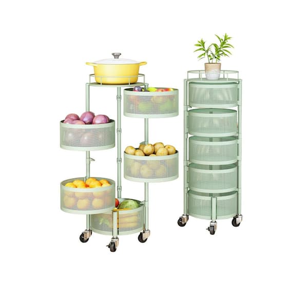 5-Tier Green Rotating Storage Rack with 4 Swivel Casters, Fruit and Vegetable Basket Bowl for Kitchen with Metal Top Lid