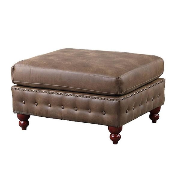 Benjara Brown Faux Leather Square Accent Ottoman
