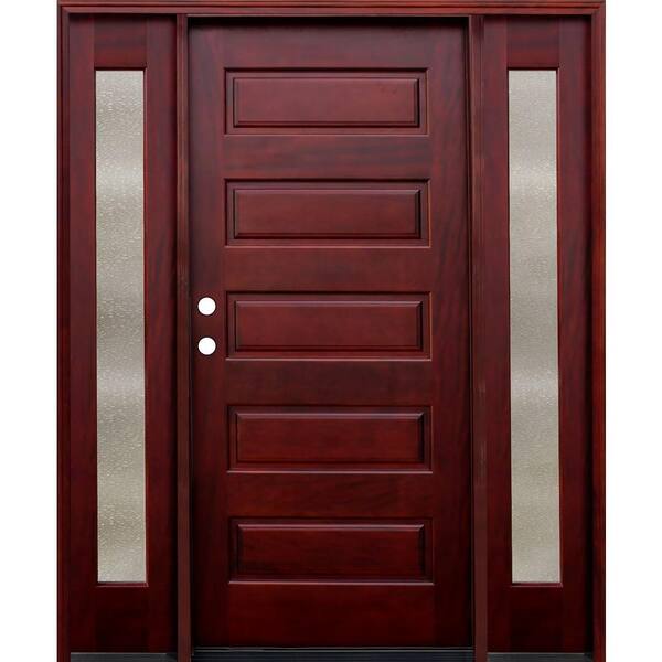 Pacific Entries 70 in. x 80 in. Contemporary 5-Panel Stained Mahogany Wood Prehung Front Door with 14 in. Seedy Sidelites