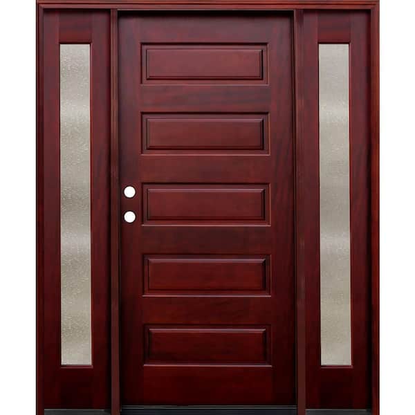 Pacific Entries 70 in. x 80 in. 5-Panel Stained Mahogany Wood Prehung Front Door w/ 6 in. Wall Series and 12 in. Seedy Sidelites