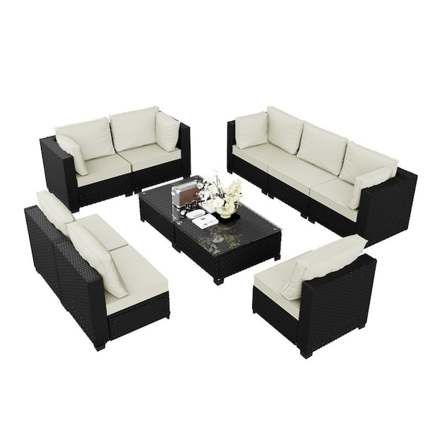 10-Piece Wicker Rattan Outdoor Patio Conversation Sofa Seating Set with Coffee Tables, Beige Cushions and Sofa Cover