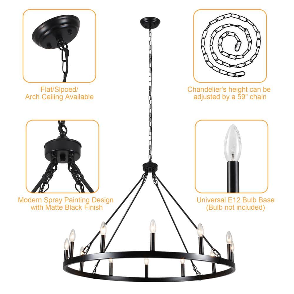Matte Black Metal 12-Light Candle Style Chandelier