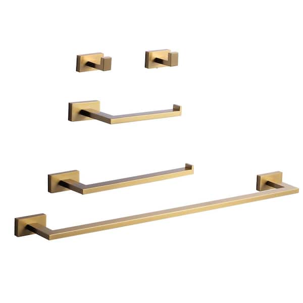 AVITAS 5-Piece Bath Hardware Set with 24in. Towel Bar, Paper Holder, Towel Hook, Mounting Hardware Included in Brushed Gold