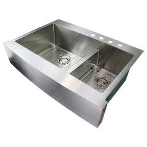 Diamond Farmhouse/Apron-Front Stainless Steel 36 in. 4-Hole Double Offset Bowl Kitchen Sink in Brushed