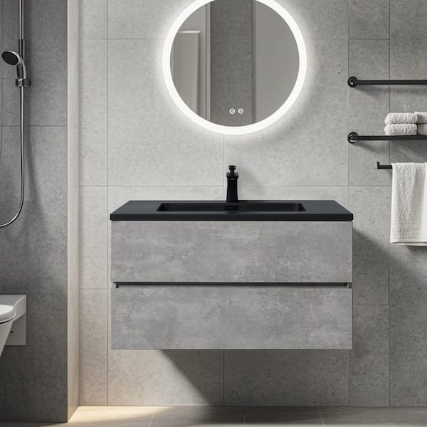 36 in. Wall-Mounted Floating Bath Vanity with Single Black Quartz Sink Top in Grey