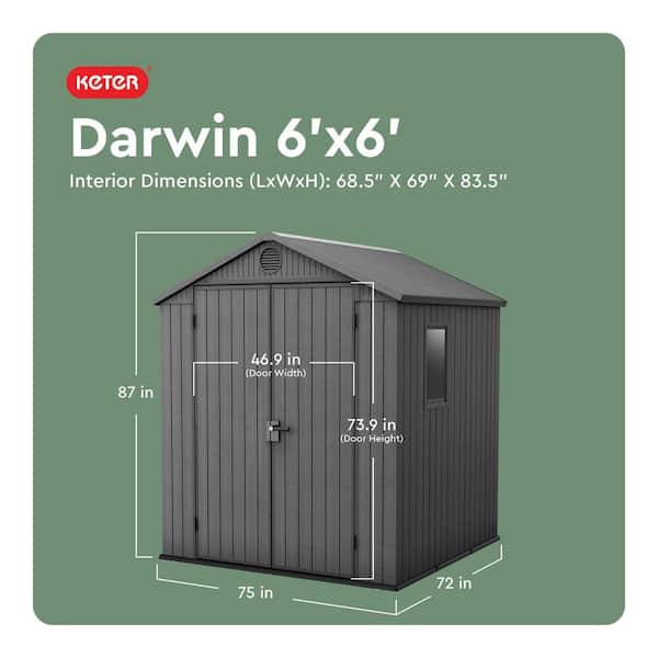 Darwin 6 ft. W x 6 ft. D Outdoor Durable Resin Plastic Storage Shed with Double Doors and Floor, Grey (37.5 sq. ft.)