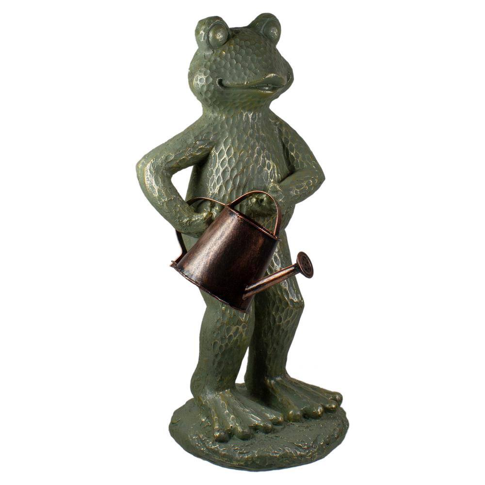 17" Gold Verdigris Frog with Watering Can Garden Statue