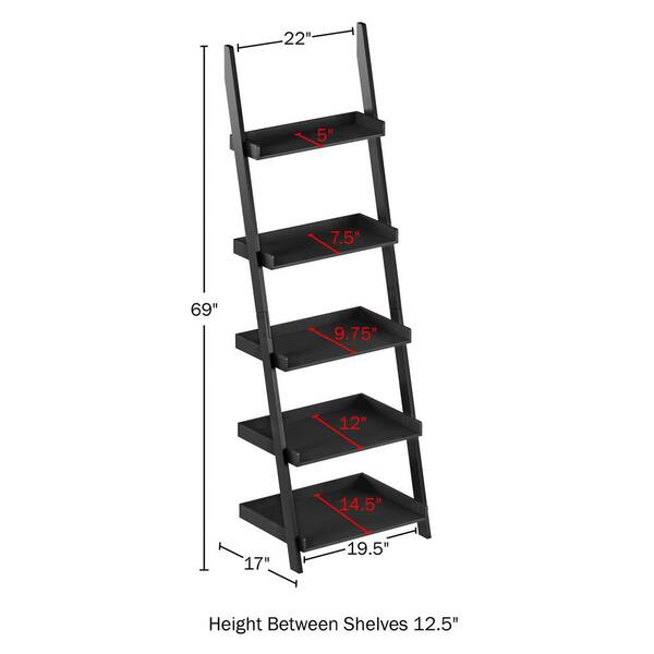 5 Shelf Ladder Bookcase Leaning Shelves, Stairway Black Wall Mounted Bookcase 72 5 Height