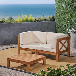 Brava Teak Brown 3-Piece Wood Patio Conversation Sectional Seating Set with Beige Cushions