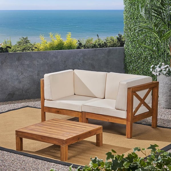 Noble House Brava Teak Brown 3-Piece Wood Patio Conversation Sectional Seating Set with Beige Cushions