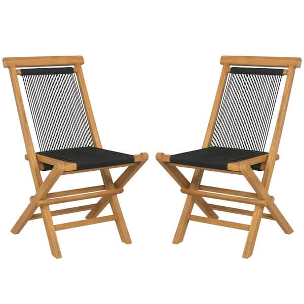 Unbranded Natural Teak Wood Outdoor Lounge Chairs with Woven Rope Seat and Back Set of 2