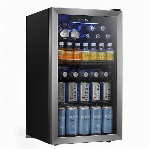 COWSAR 19.29 in. Single Zone 120-Cans Beverage Cooler in Stainless Steel With Adjustable Shelves, Bar/Office/Home Use