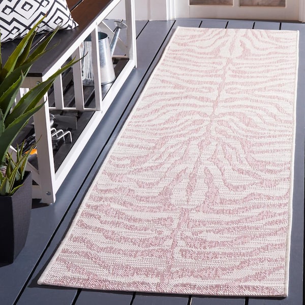 Courtyard Ivory/Pink 2 ft. x 8 ft. Zebra Indoor/Outdoor Runner Rug