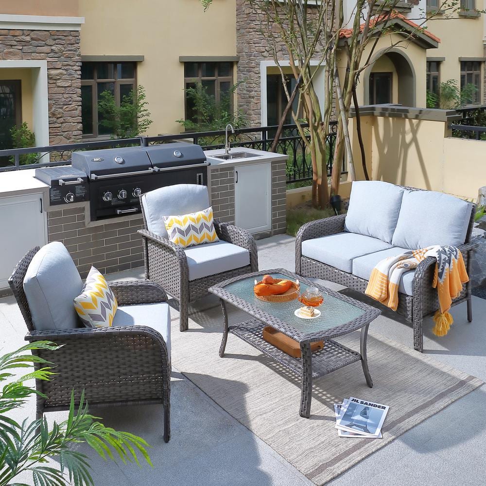 Denali Gray 4-Piece 4-Seat Wicker Modern Outdoor Patio Conversation Sofa Seating Set with Light Gray Cushions -  Toject, GNDS404