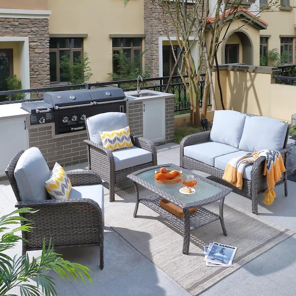Toject Denali Gray 4-Piece 4-Seat Wicker Modern Outdoor Patio Conversation Sofa Seating Set with Light Gray Cushions