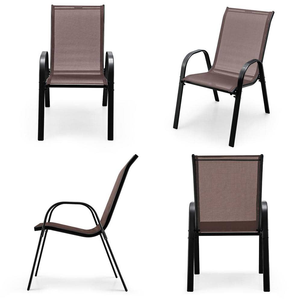 Brown Stackable Patio Dining Chairs with Curved Armrests