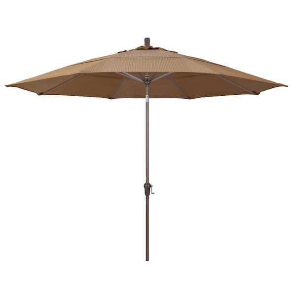 California Umbrella 11 ft. Champagne Aluminum Market Auto Tilt Patio Umbrella in Terrace Sequoia Olefin