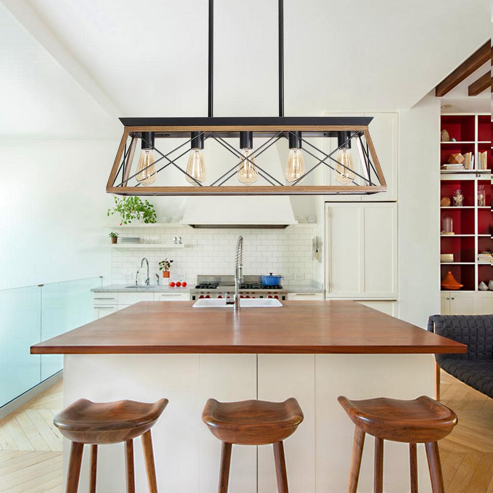 Walnut and Black Rectangular Cage Pendant Light