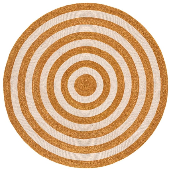 Braided 6 ft. x 6 ft. Round Gold/Peach Concentric Striped Area Rug