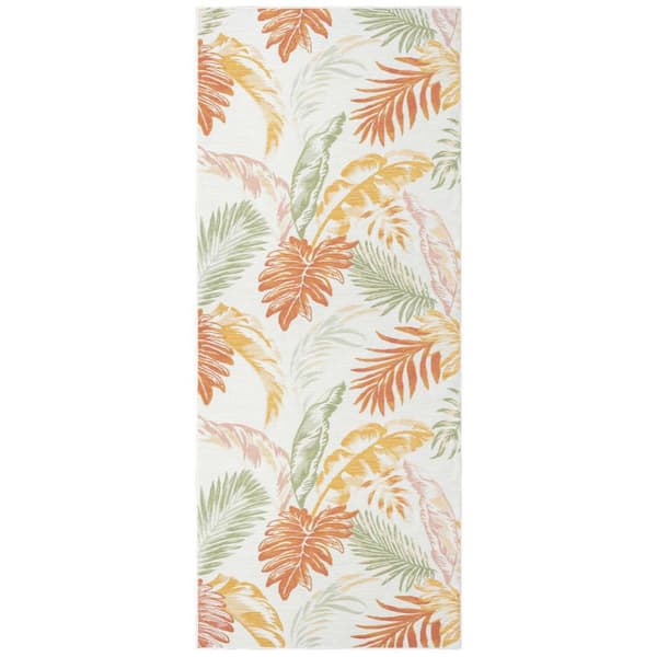 Ivory, Green, Orange 2 ft. x 8 ft. Loomed Floral Polypropylene Runner Indoor/Outdoor Area Rug