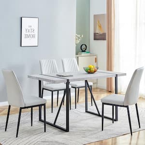 5-Piece Faux Marble Top Dining Table Chairs Set for 4, Rectangular Dining Room Table Set with 4 Leather Chairs, Gray