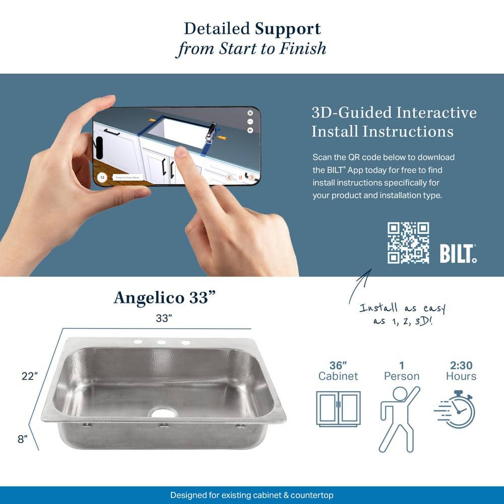 Angelico Brushed Stainless Steel 33" Single Bowl Drop-In Kitchen Sink