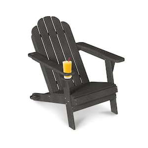 Traditional Curveback Gray Plastic Patio Adirondack Chair with Cup Holder and Umbrella Holder Outdoor