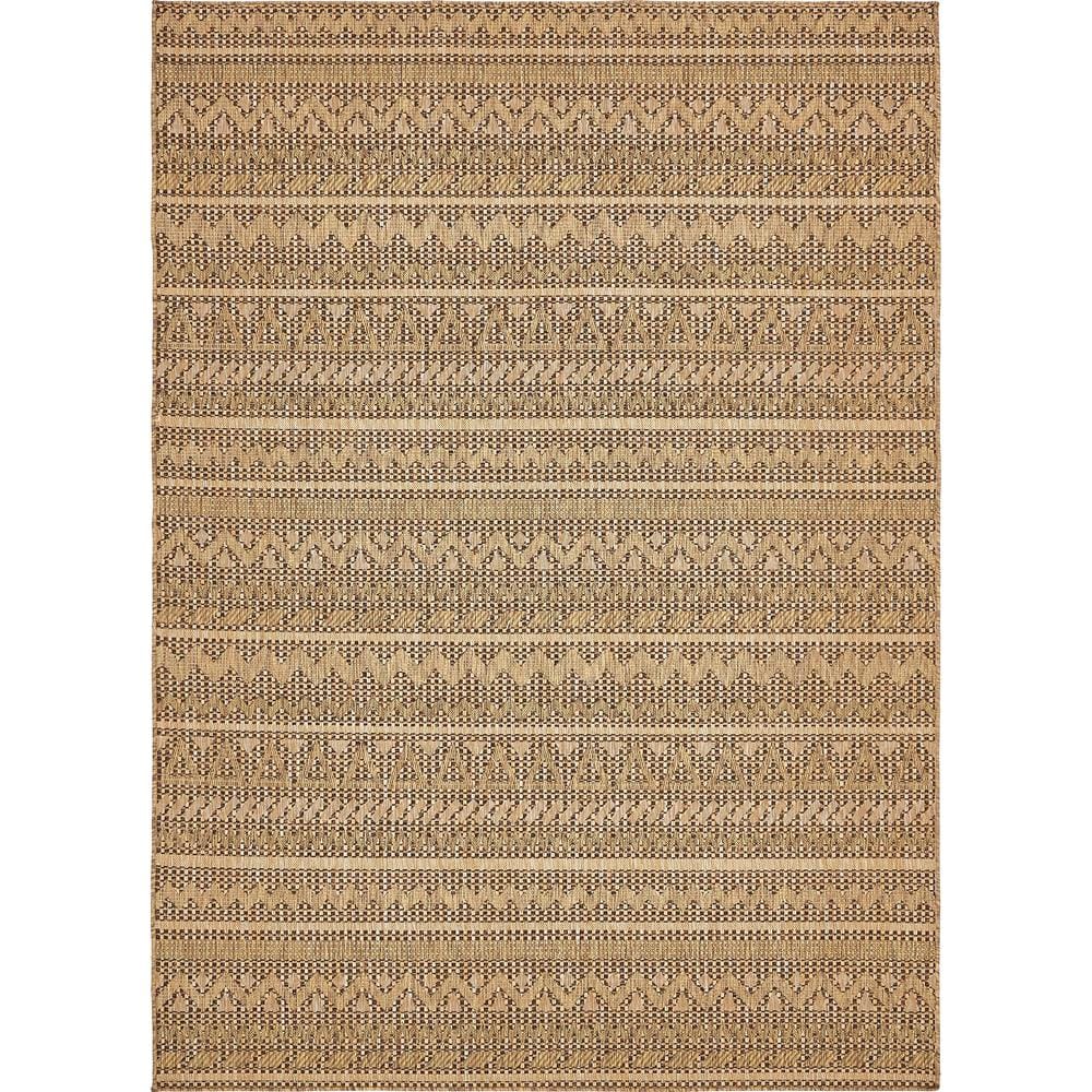 Modern Geometric Outdoor Rug in Light Brown, Stain-Resistant 7'x10'