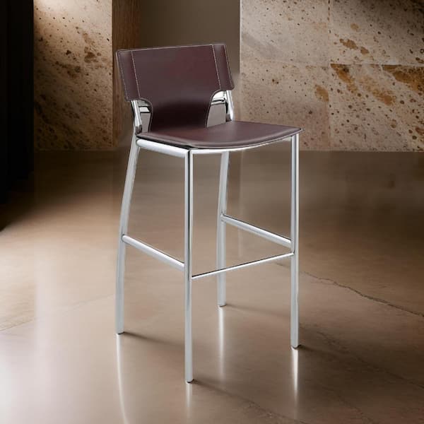 Benjara 26 in. Brown and Chrome Low Back Metal Frame Bar Stool with Leather Seat (Set of 2)