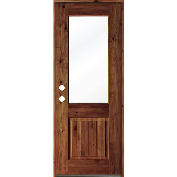 Krosswood Doors 36 in. x 96 in. Rustic Knotty Alder Wood Clear Half-Lite Red Chestnut Stain/VG Right Hand Single Prehung Front Door