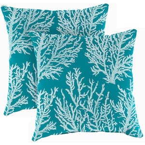 16 in. L x 16 in. W x 4 in. T Seacoral Turquoise Outdoor Throw Pillow (2-Pack)