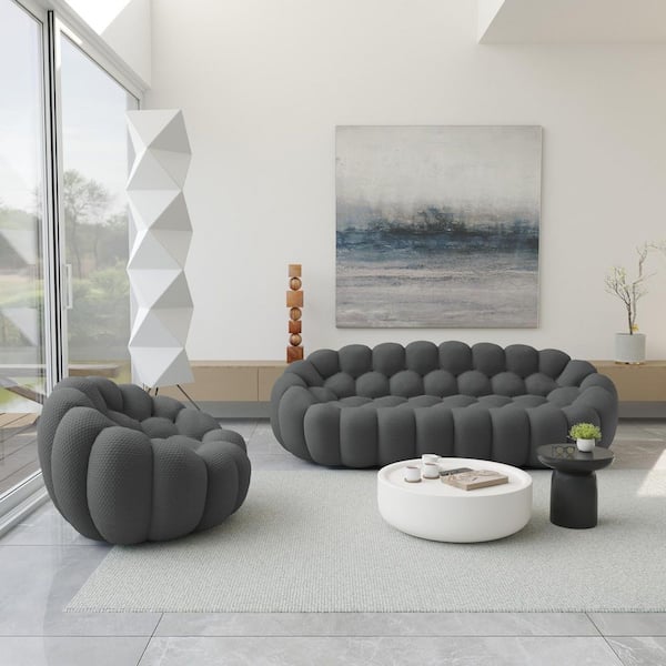 Magic Home Bubble Armless Couch, Modern 2-Piece Mesh Fabric Gray Living Room Set Curved Floor Sofa for Office Apartment