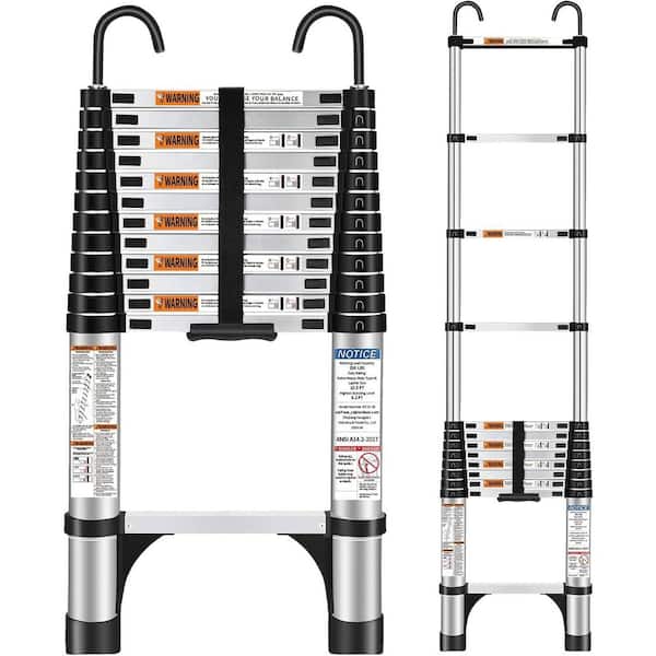 12.5 FT Aluminum Telescoping Ladder with Hooks, 330lbs Capacity, Multi-Purpose Collapsible Ladder