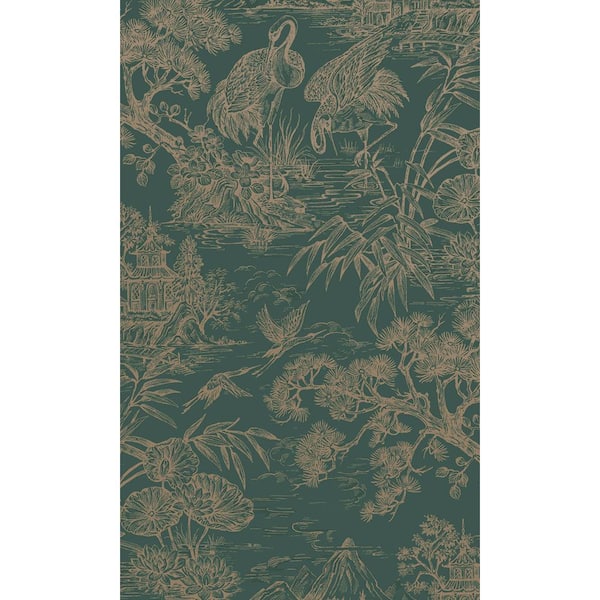 Aqua Gold Majestic Crane Tropical Print Non-Woven Non-Pasted Textured Wallpaper 57 Sq. Ft.