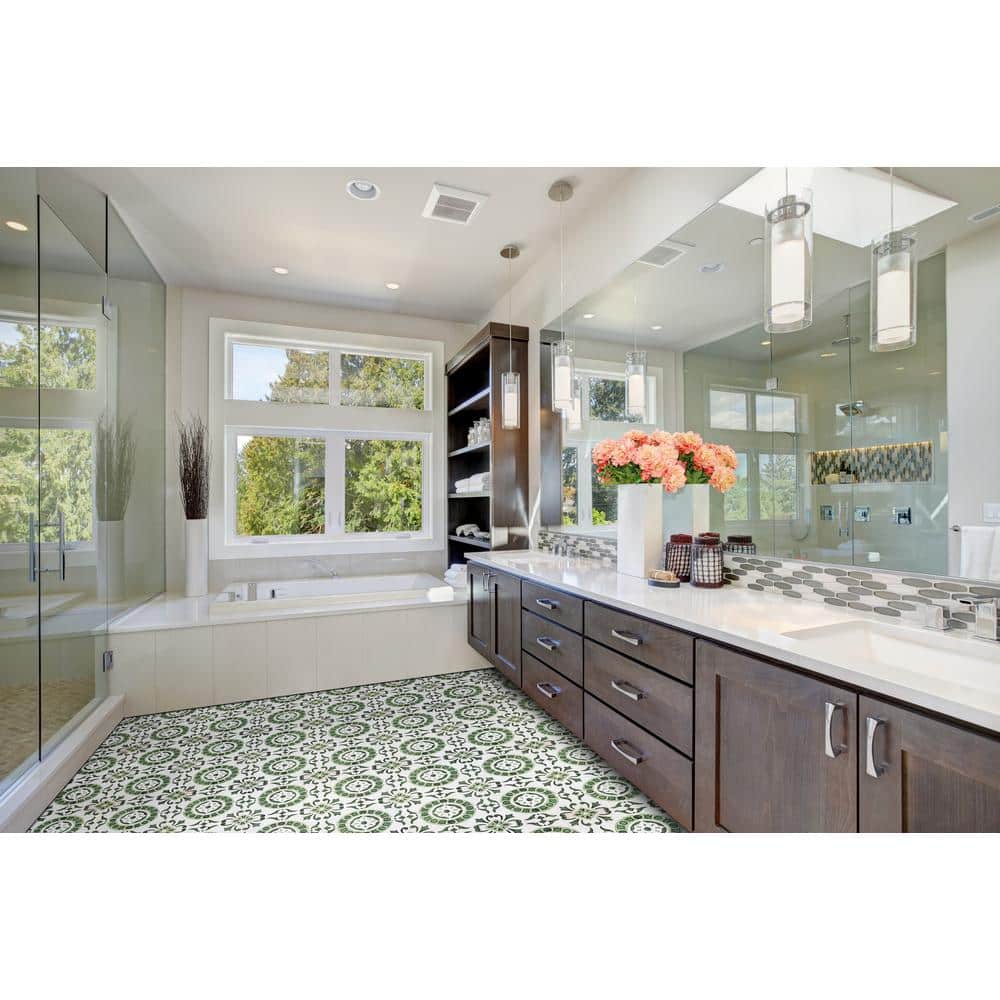 Green Medallion Self-Adhesive Vinyl Floor Tiles, 12" x 12", 20 Tiles