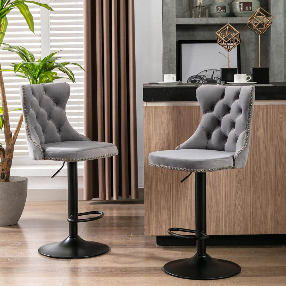 Modern Gray Metal Adjusatble Seat Height from 25-33 in. Swivel Velvet Barstools Set of 2 -  Clihome, TO-910-LB