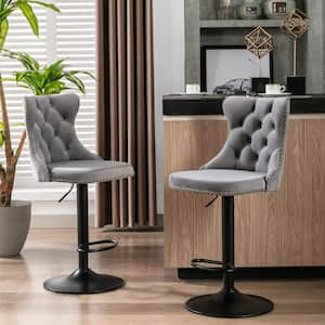 Modern Gray Metal Adjusatble Seat Height from 25-33 in. Swivel Velvet Barstools Set of 2