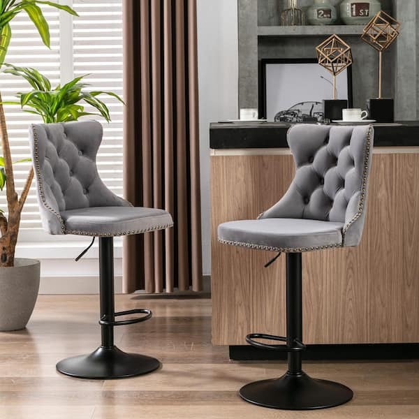 Clihome Modern Gray Metal Adjusatble Seat Height from 25-33 in. Swivel Velvet Barstools Set of 2