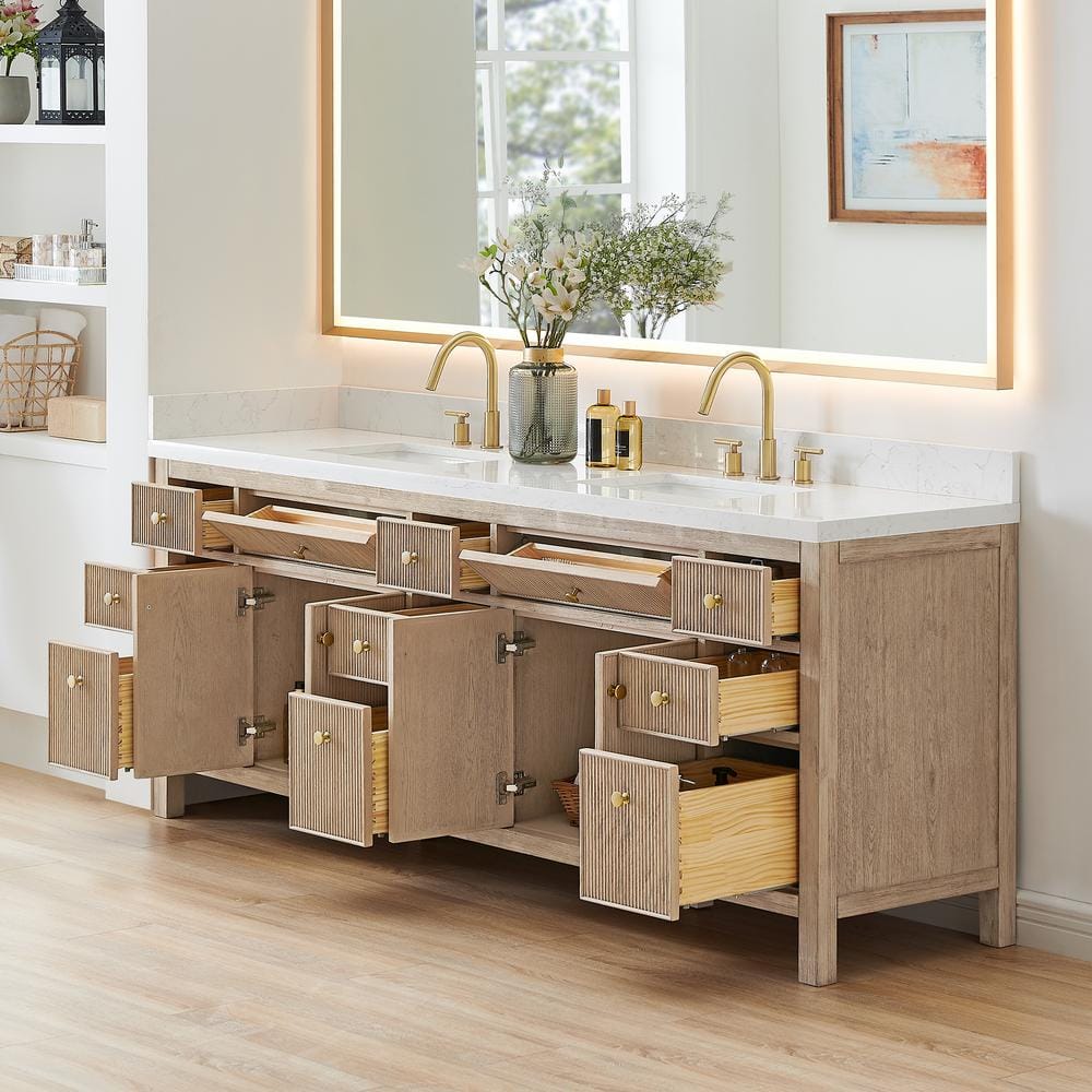 Cerrito 84" Natural Oak Double Vanity with Engineered Stone Top