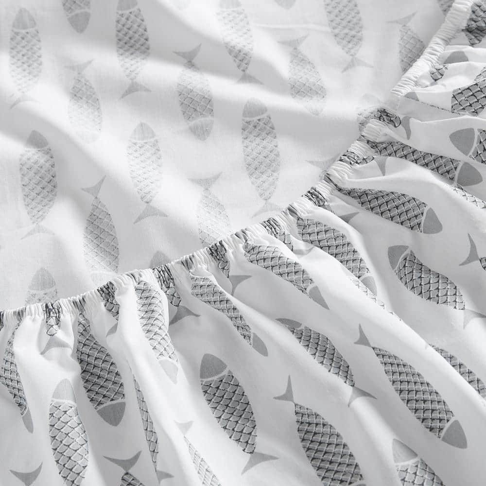 Gray Cotton Percale Queen Sheet Set with Fish Print